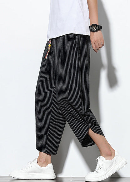 Waist Men Pants Pockets Harem French Elastic Cotton Black FashionChic