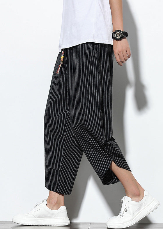 Waist Men Pants Pockets Harem French Elastic Cotton Black FashionChic