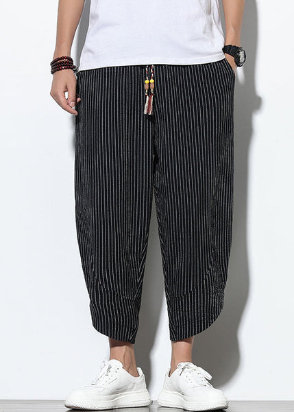 Waist Men Pants Pockets Harem French Elastic Cotton Black FashionChic