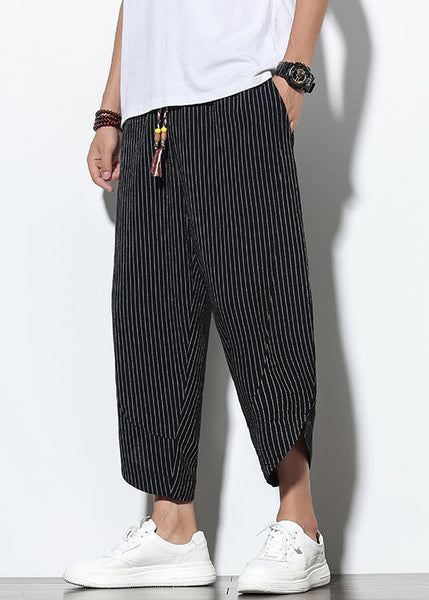 Waist Men Pants Pockets Harem French Elastic Cotton Black FashionChic