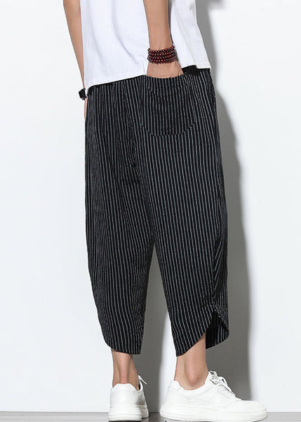 Waist Men Pants Pockets Harem French Elastic Cotton Black FashionChic