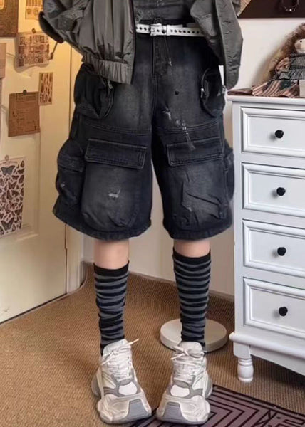 French Black Pockets Patchwork Shorts Summer QF058 Men-SPTS241016