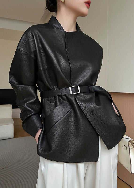 Pockets Coats Leather Black French Faux Sashes Spring FashionChic