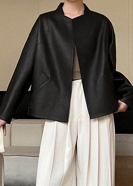 Pockets Coats Leather Black French Faux Sashes Spring FashionChic