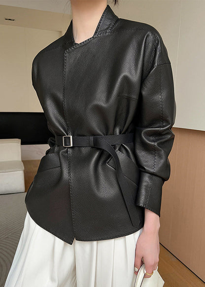 Coats French Pockets Spring Faux Leather Sashes Black FashionChic