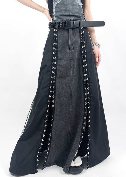 French Black Pockets Side Open Denim Patchwork Skirt Spring YJ008 ABC