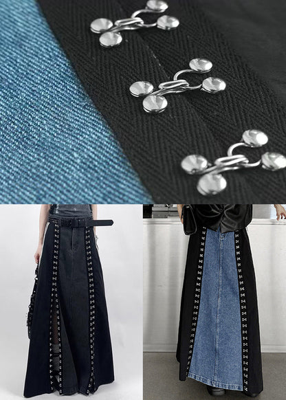 French Black Pockets Side Open Denim Patchwork Skirt Spring YJ008 ABC