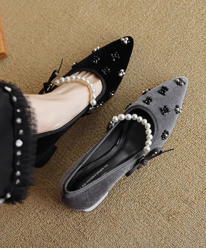 French Black Pointed Toe Chunky Heel Velour Nail Bead RX026 ABC