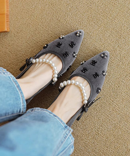 French Black Pointed Toe Chunky Heel Velour Nail Bead RX026 ABC