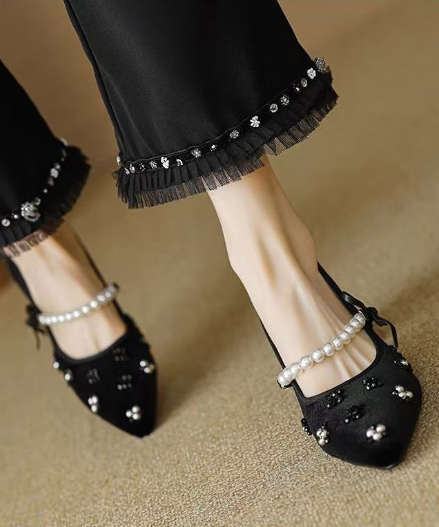 French Black Pointed Toe Chunky Heel Velour Nail Bead RX026 ABC