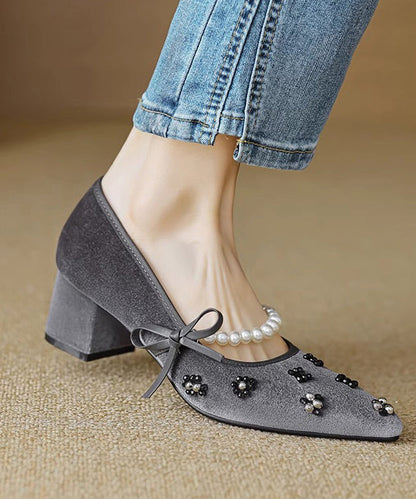 French Black Pointed Toe Chunky Heel Velour Nail Bead RX026 ABC