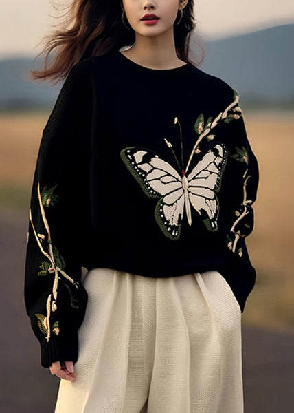 French Black Print Cozy Knit Sweaters Pullover Winter WX026 ABC