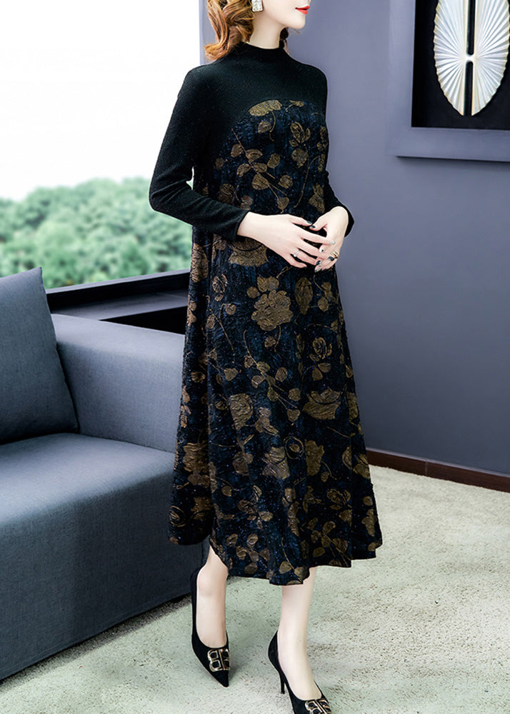 French Black Print Patchwork Warm Fleece Maxi Dress Spring OO041 OM-CS240814