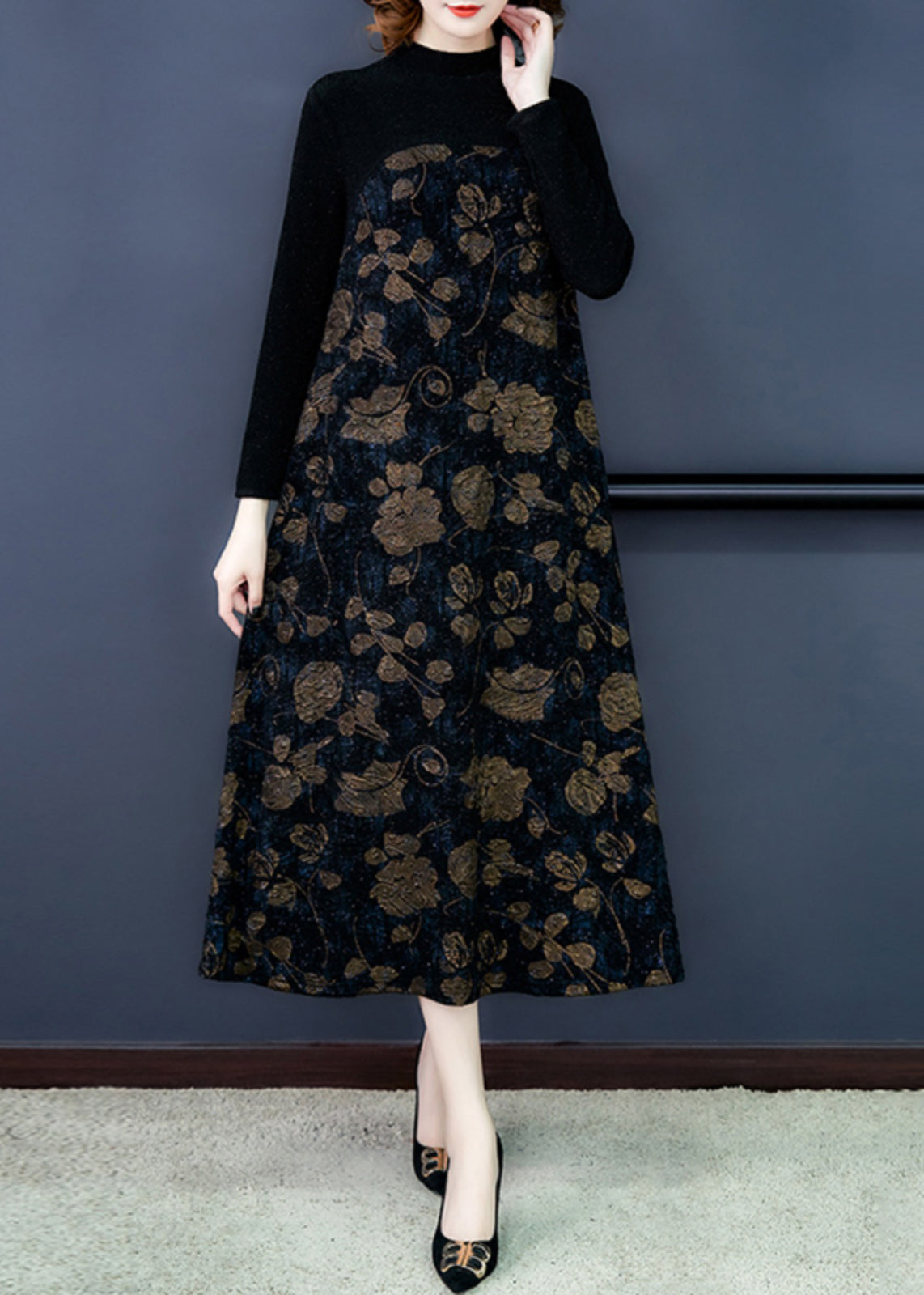 French Black Print Patchwork Warm Fleece Maxi Dress Spring OO041 OM-CS240814