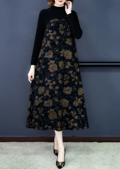 French Black Print Patchwork Warm Fleece Maxi Dress Spring OO041 OM-CS240814