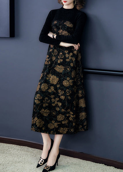 French Black Print Patchwork Warm Fleece Maxi Dress Spring OO041 OM-CS240814