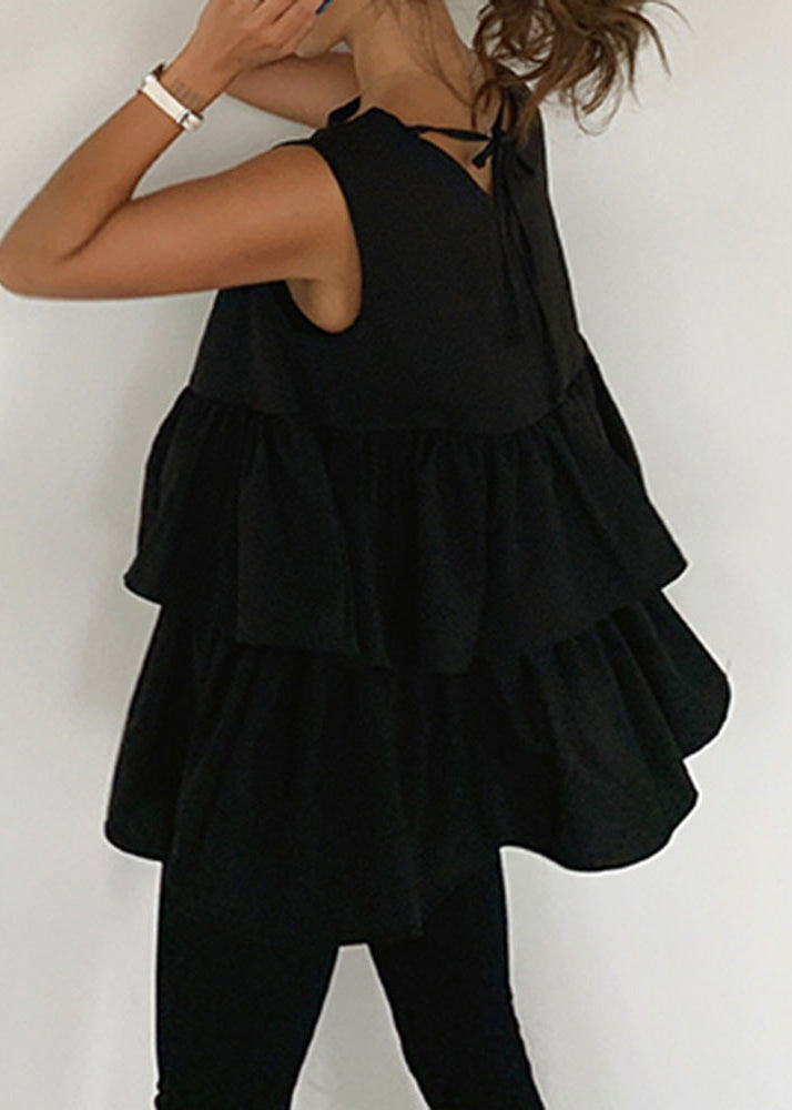 A Sleeveless Tank Cotton French Ruffled Line Black FashionChic
