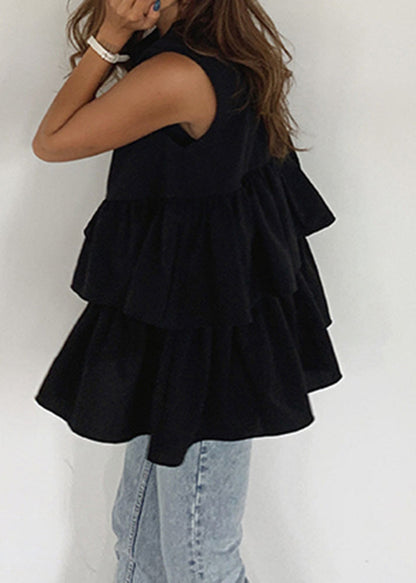 A Sleeveless Tank Cotton French Ruffled Line Black FashionChic