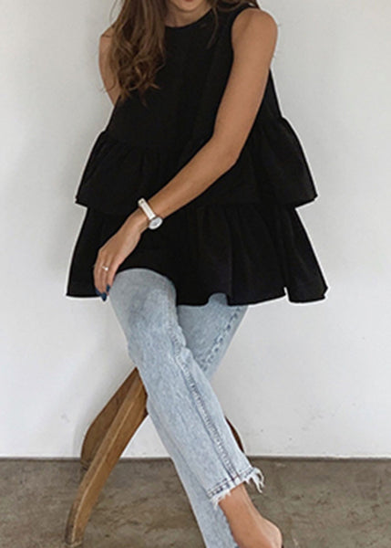 A Sleeveless Tank Cotton French Ruffled Line Black FashionChic