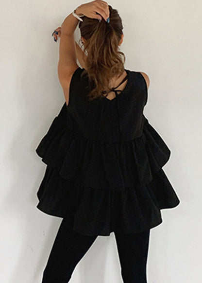 A Sleeveless Tank Cotton French Ruffled Line Black FashionChic