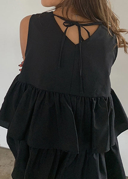 A Sleeveless Tank Cotton French Ruffled Line Black FashionChic