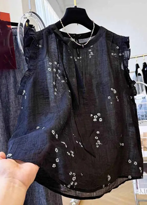 Summer Black French Ruffled Cotton Top Embroidered FashionChic