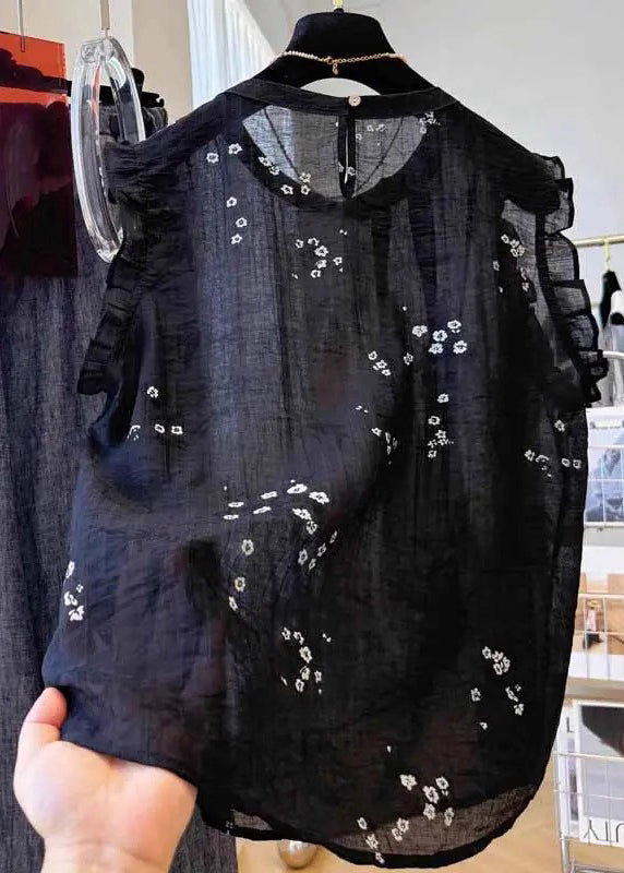 Summer Black French Ruffled Cotton Top Embroidered FashionChic