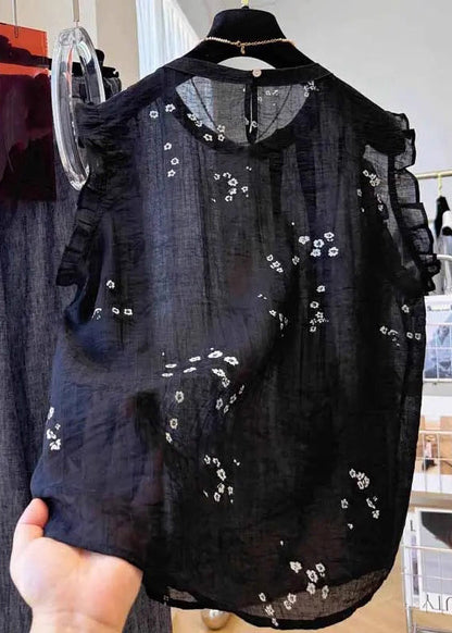 Summer Black French Ruffled Cotton Top Embroidered FashionChic