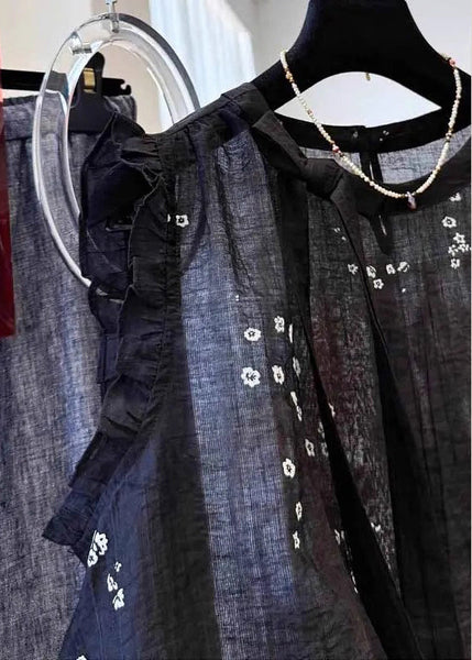 Summer Black French Ruffled Cotton Top Embroidered FashionChic