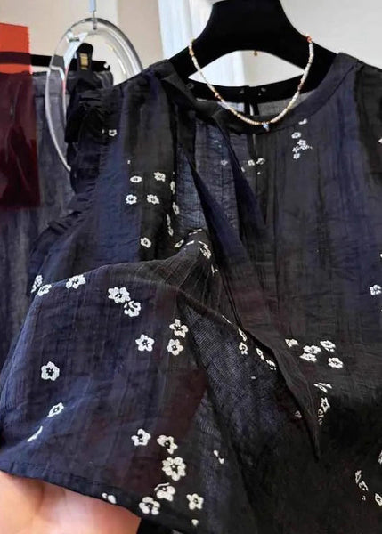 Summer Black French Ruffled Cotton Top Embroidered FashionChic