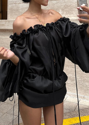 French Black Ruffled Lace Up Silk Mid Dress Spring YZ050 ABC