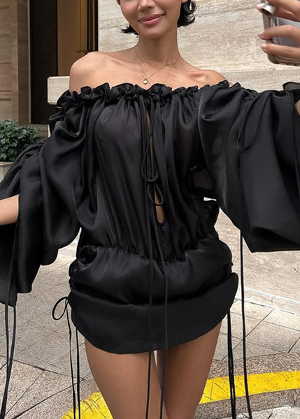 French Black Ruffled Lace Up Silk Mid Dress Spring YZ050 ABC