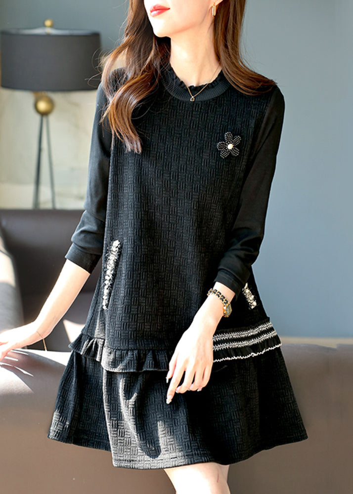 French Black Ruffled Nail Bead Pockets Mid Dress Spring RL042 ABC