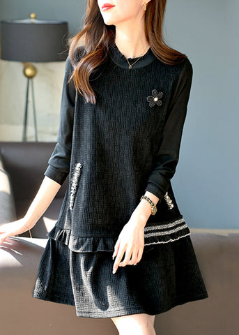 French Black Ruffled Nail Bead Pockets Mid Dress Spring RL042 ABC