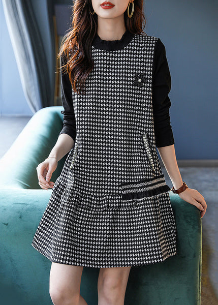 French Black Ruffled Nail Bead Pockets Mid Dress Spring RL042 ABC