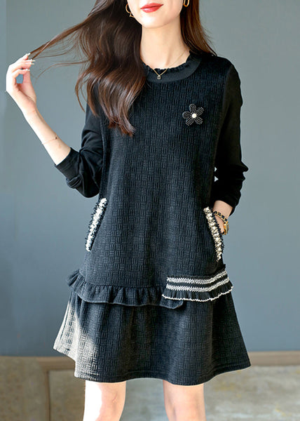 French Black Ruffled Nail Bead Pockets Mid Dress Spring RL042 ABC