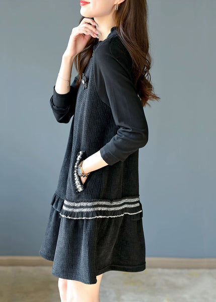 French Black Ruffled Nail Bead Pockets Mid Dress Spring RL042 ABC