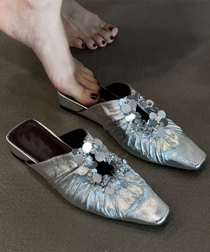 Slide Sandals Splicing Sequins Black French Wrinkled FashionChic