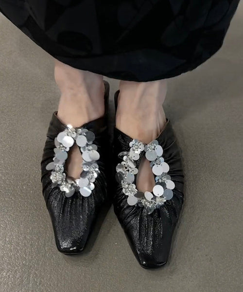 Slide Sandals Splicing Sequins Black French Wrinkled FashionChic