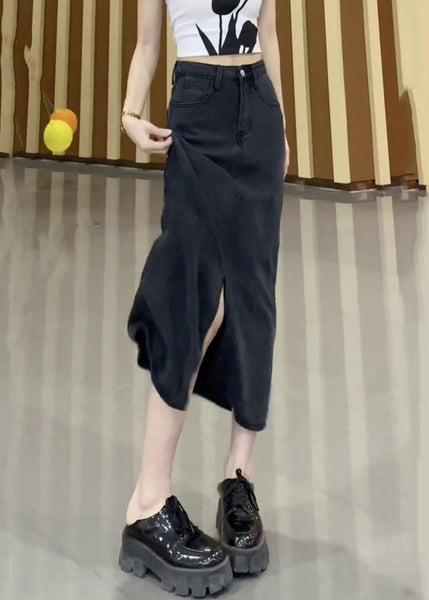 Jupe en jean noire taille haute à ouverture latérale, style français, automne TU029