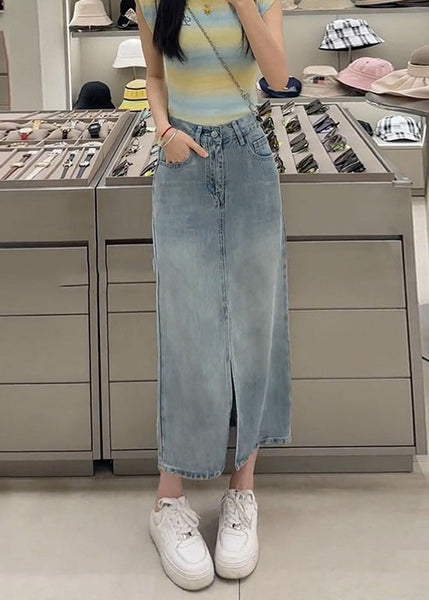 Jupe en jean noire taille haute à ouverture latérale, style français, automne TU029