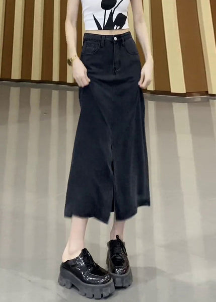 Jupe en jean noire taille haute à ouverture latérale, style français, automne TU029