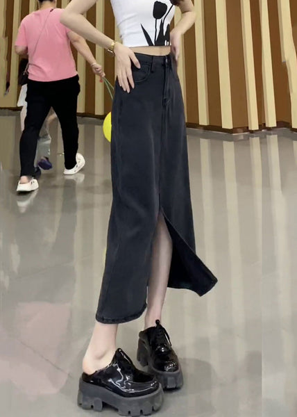 Jupe en jean noire taille haute à ouverture latérale, style français, automne TU029