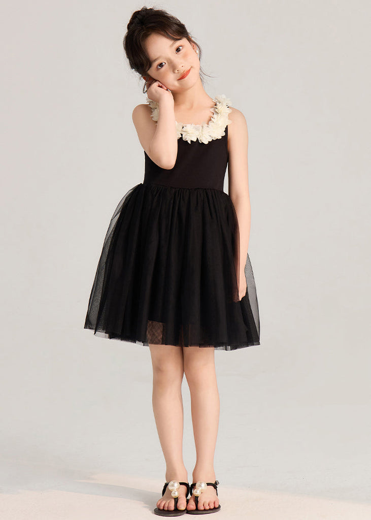 French Black Solid Tulle Patchwork Girls Mid Dress Sleeveless EW037 WS-RCTZSDGM240809