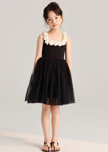 French Black Solid Tulle Patchwork Girls Mid Dress Sleeveless EW037 WS-RCTZSDGM240809