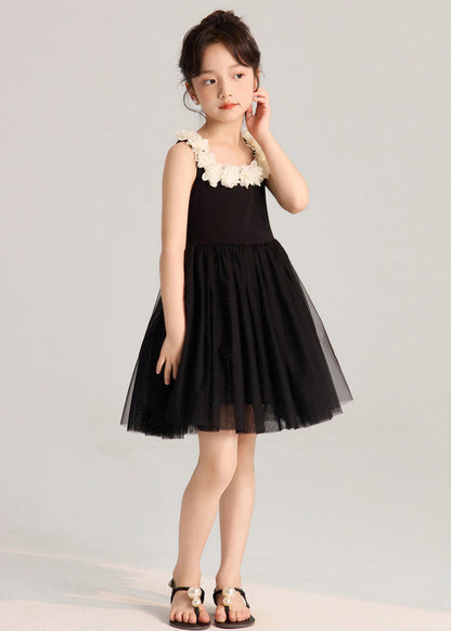French Black Solid Tulle Patchwork Girls Mid Dress Sleeveless EW037 WS-RCTZSDGM240809