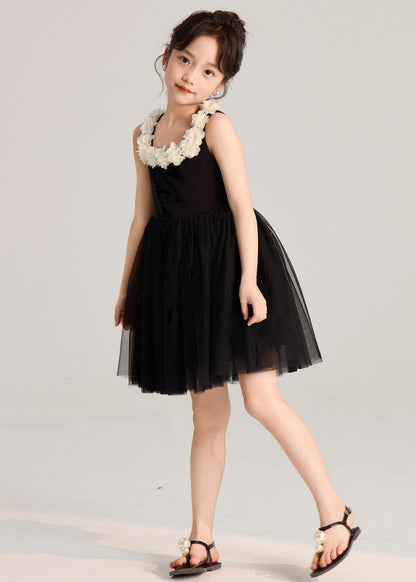 French Black Solid Tulle Patchwork Girls Mid Dress Sleeveless EW037 WS-RCTZSDGM240809