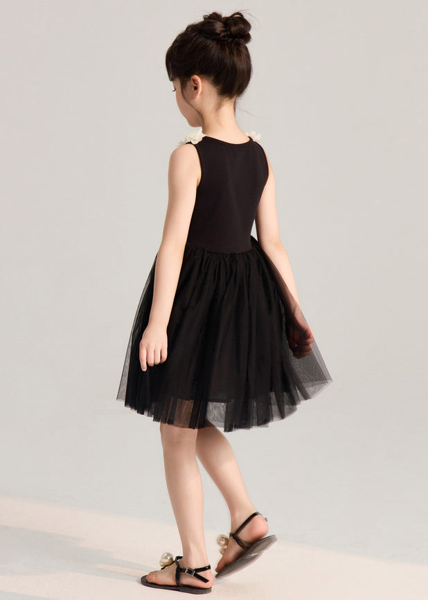 French Black Solid Tulle Patchwork Girls Mid Dress Sleeveless EW037 WS-RCTZSDGM240809