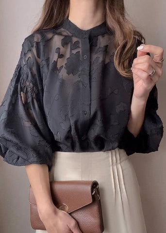 Fall Black Jacquard Collar French Top Chiffon Stand FashionChic