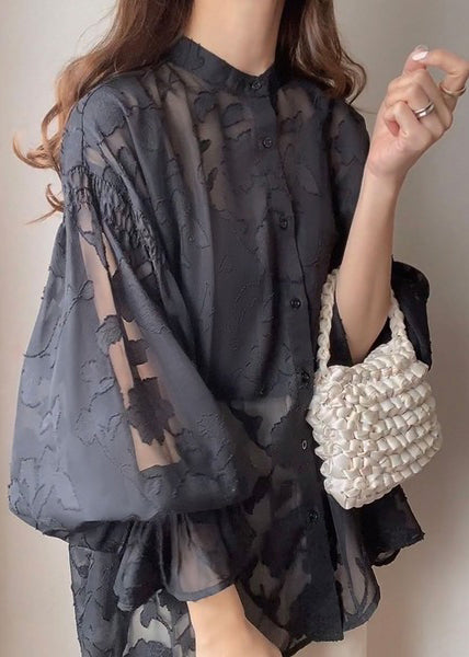 Fall Black Jacquard Collar French Top Chiffon Stand FashionChic